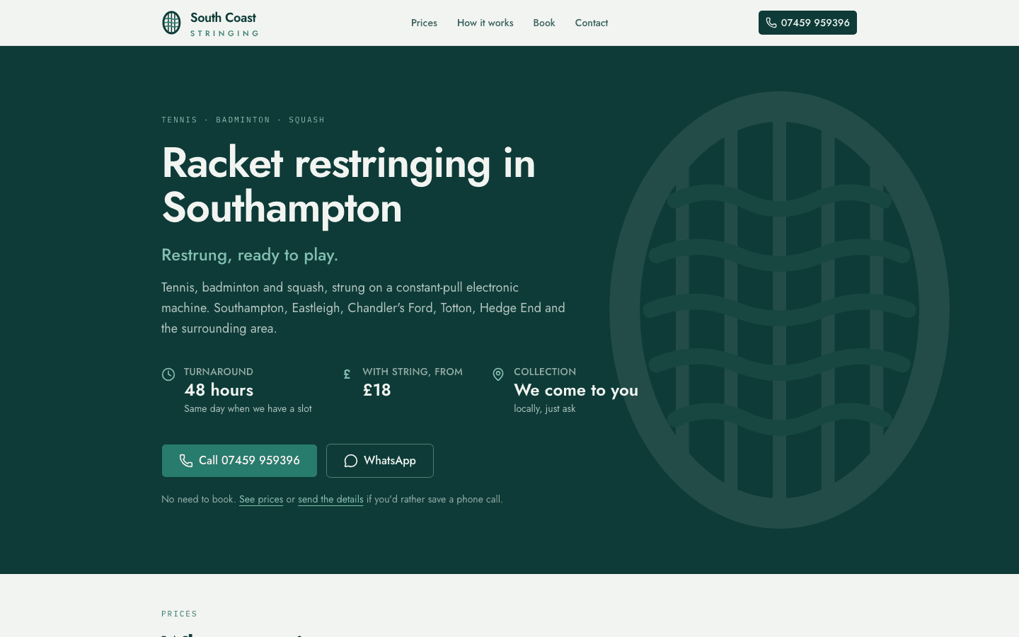 South Coast Stringing homepage, showing racket restringing in Southampton with turnaround time and pricing